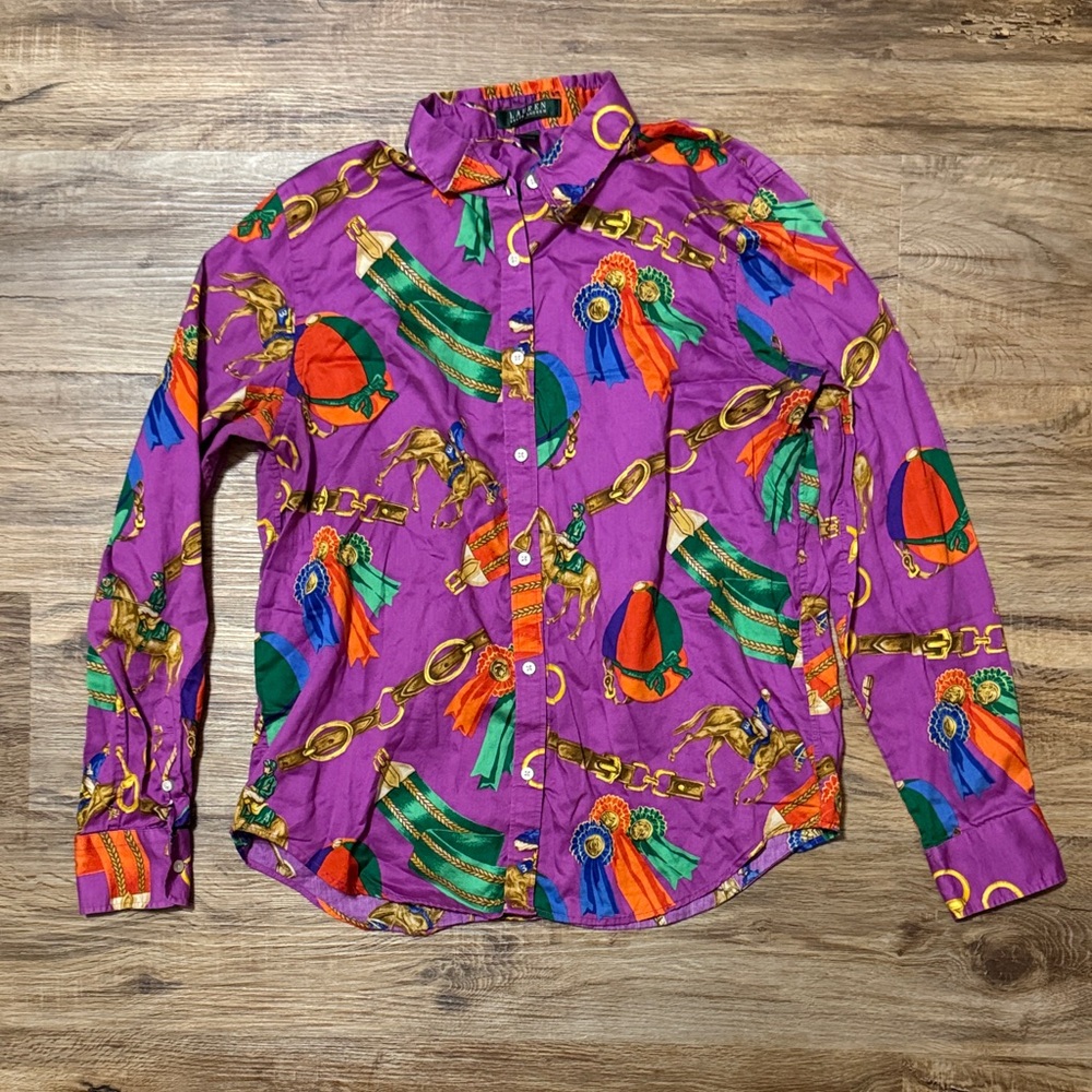 Ralph Lauren Purple Horse Racing Button Up Top